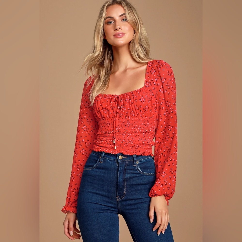 Lolita Red Floral Print Ruffled Crop Top